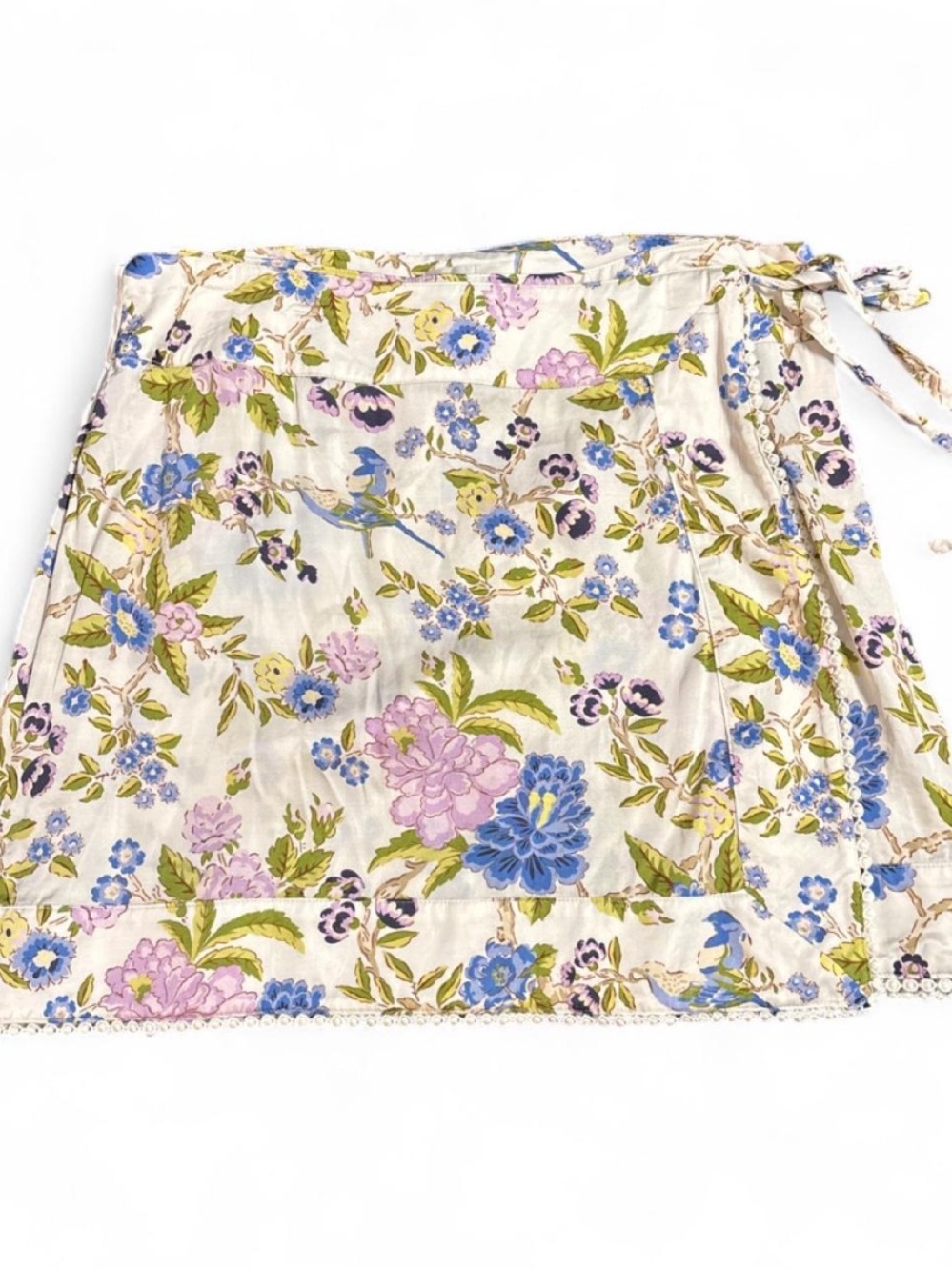 Maeve Cream Floral Tie-Wrap Mini Skirt with Blue & Pink Blooms